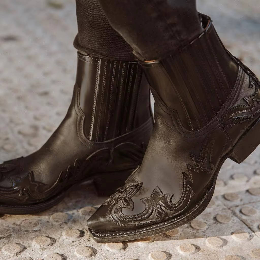 Paola | Unisex Embroidery Leather Look Ankle Boot