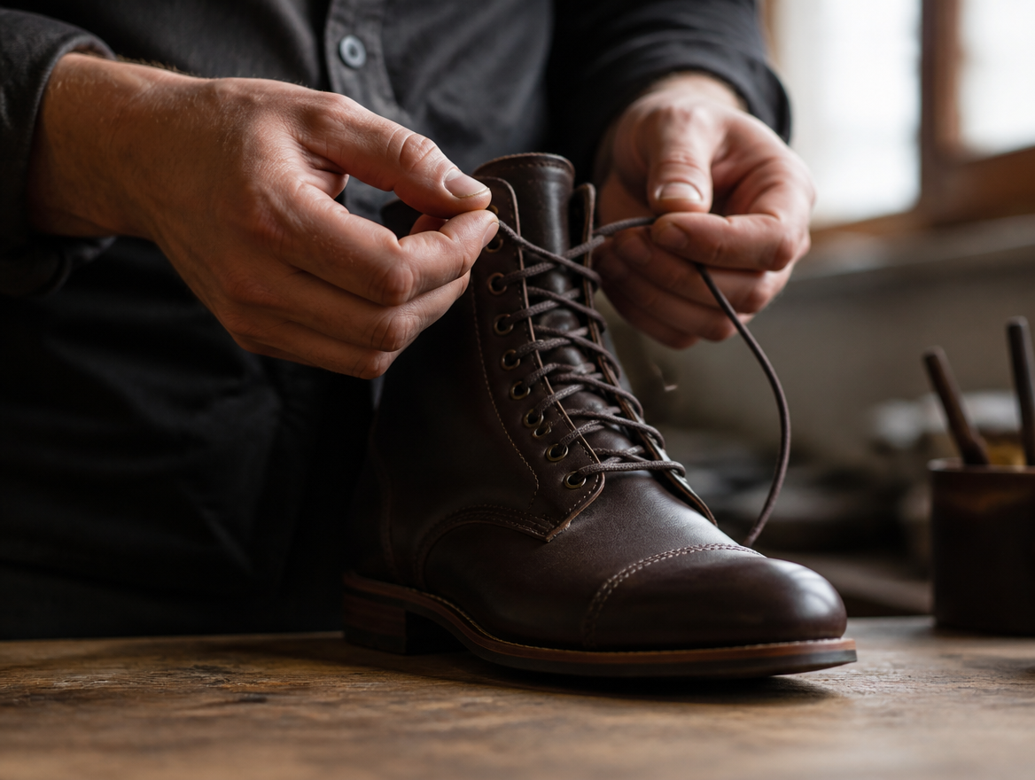 Hands lacing a leather ankle boot