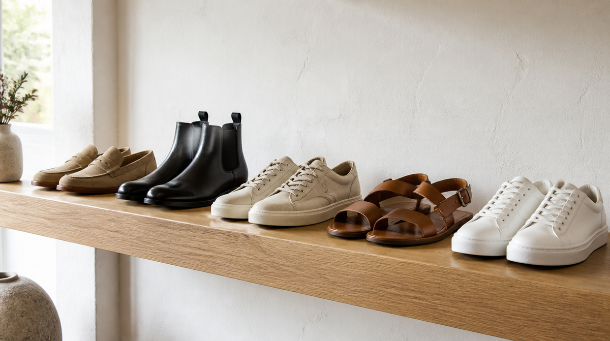 A row of shoes on a wooden shelf