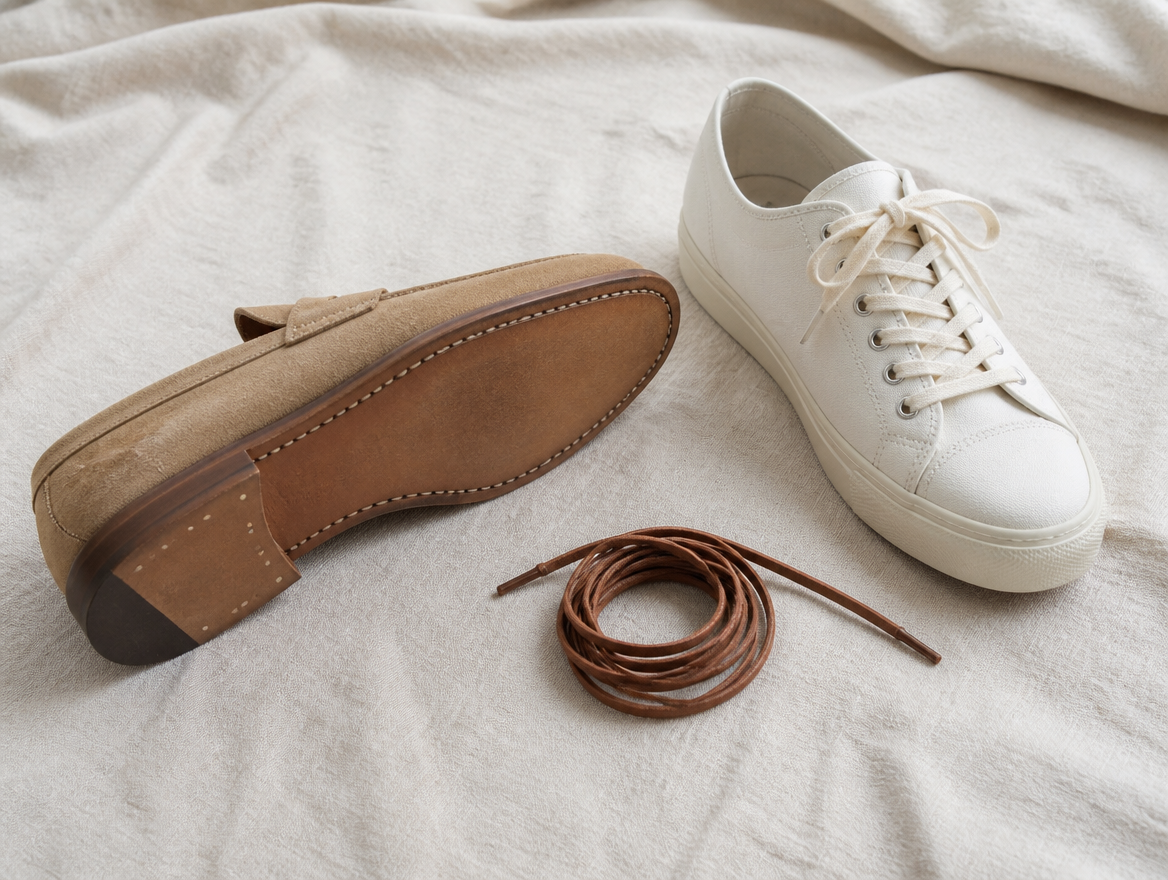 A loafer, a sneaker and a leather lace on linen