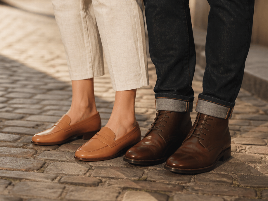 Loafers and lace up boots on a cobblestone street