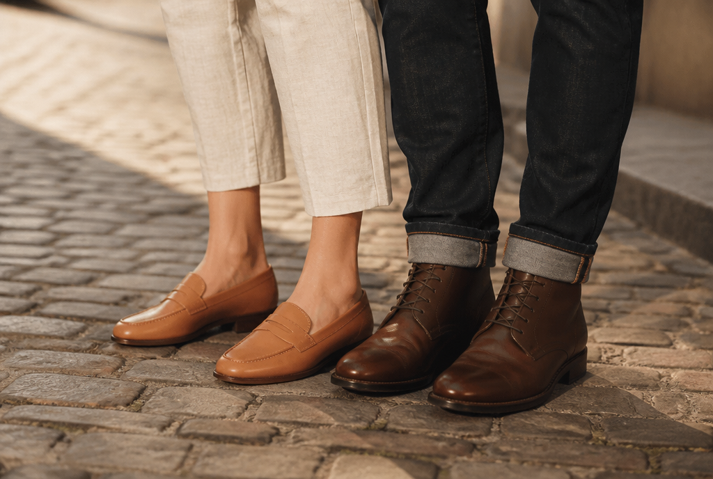Loafers and lace up boots on a cobblestone street