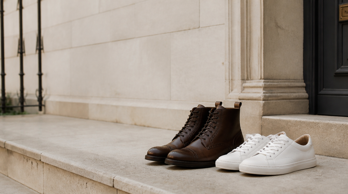 Leather ankle boots and white sneakers on a stone doorstep